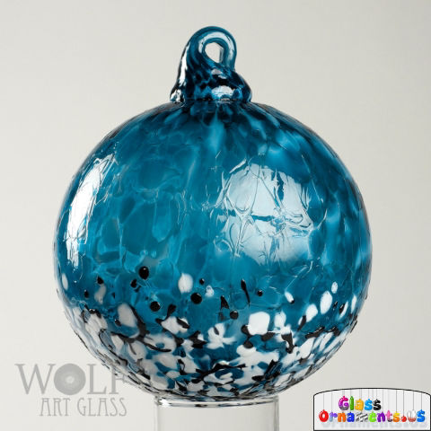 Hand Blown Aquamarine Blue Ombré Black White Blossom Blown Glass Ornament USA