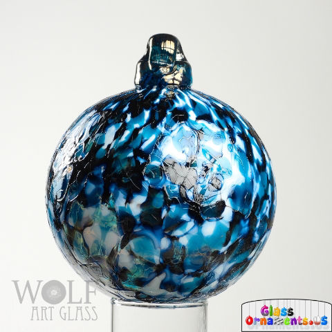 Hand Blown Aquamarine Blue Black White Speckled Blown Glass Ornament USA