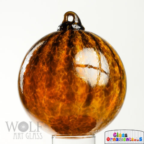 Burnt Orange Amber Brown Black Striped Blown Glass Ornament USA