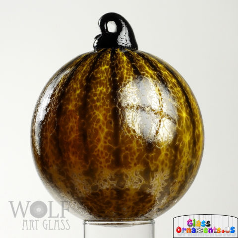 Burnt Yellow Amber Black Striped Blown Glass Ornament USA