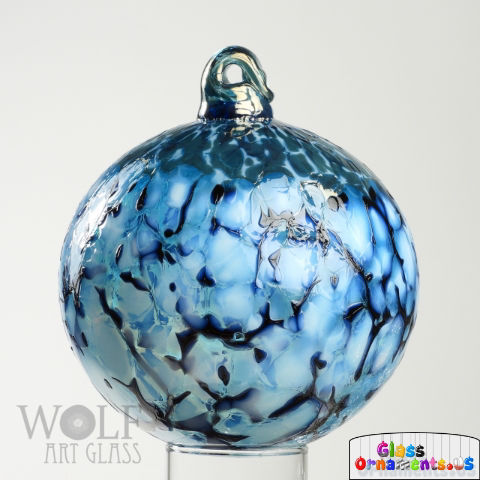 Deep Antique Blue Ombre Black White Blossom Blown Glass Ornament USA