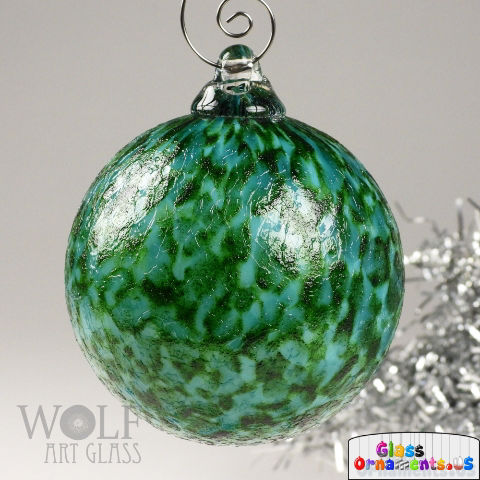 Hand Blown Deep Green Textured Blue Speckled Glass Ornament : Unique Christmas Ornament