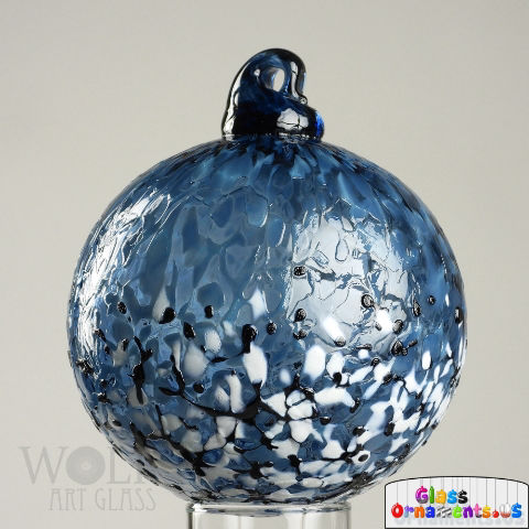 Hand Blown Denim Blue Speckled Blown Glass Ornament USA