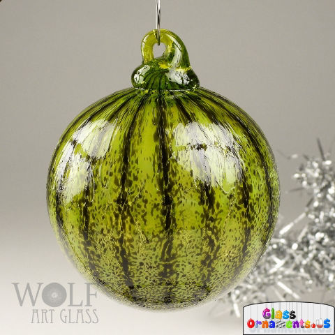 Hand Blown Peridot Green & Black Striped  Glass Ornament: Unique Christmas Ornament