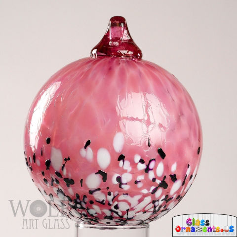 Rose Pink with Black White Blossom Blown Glass Ornament USA