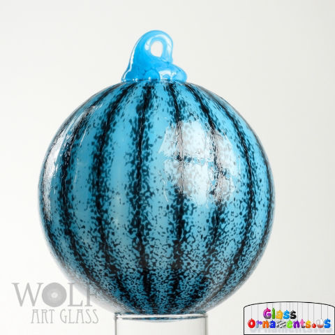 Turquoise Blue Black Striped Blown Glass Ornament USA