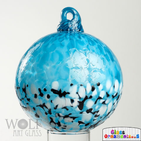 Turquoise Blue Black White Blossom Blown Glass Ornament USA