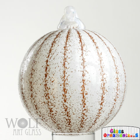 White Burnt Orange Striped Frosted Pumpkin Blown Glass Ornament USA