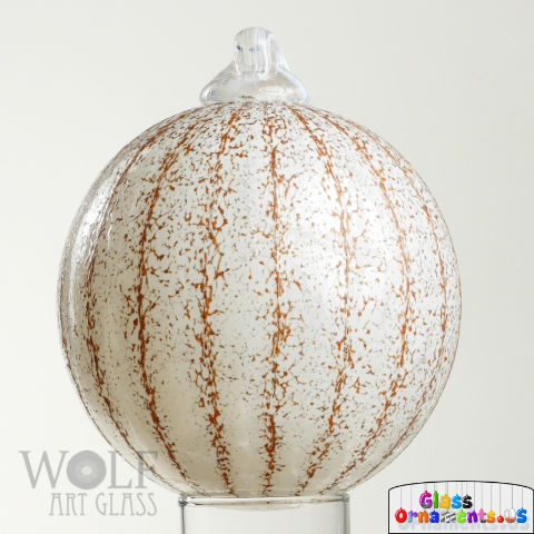 White with Burnt Orange Stripes Frosted Pumpkin Blown Glass Ornament USA